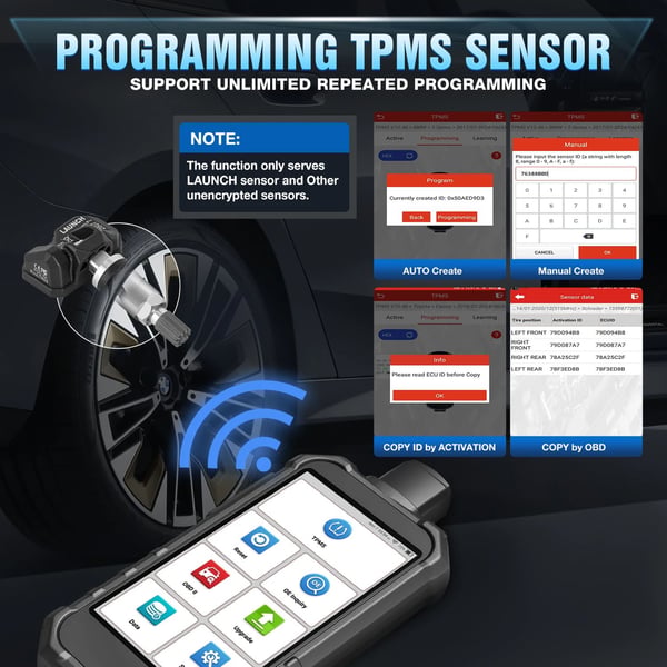 däcktrycksdiagnostikverktyg för 315/433 MHz-sensorer, full OBD-funktionalitet och 12 återställningar
