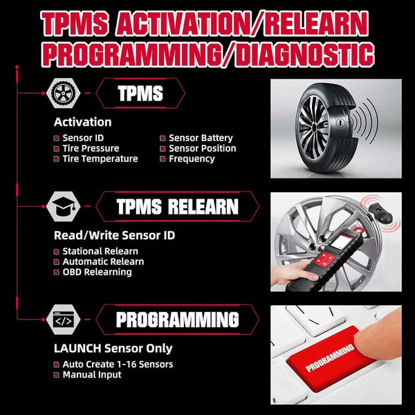 i-TPMS däcktrycksdiagnostikverktyg med 4st RF-sensorer, omfattande funktioner, användarvänligt gränssnitt
