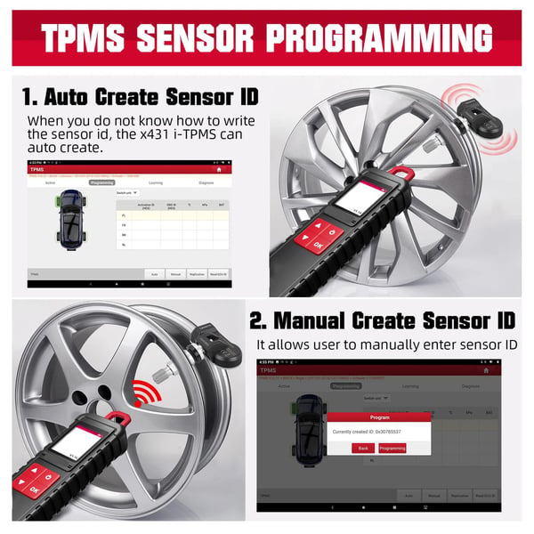 i-TPMS däcktrycksdiagnostikverktyg med 4st RF-sensorer, omfattande funktioner, användarvänligt gränssnitt