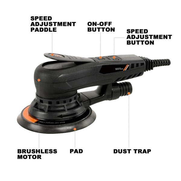 6"/150 mm 350 W 4000-10000 RPM elektrisk excenterslip, låg ljudnivå, låga vibrationer, lågt underhåll