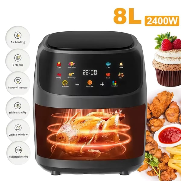 2400W 8L smart airfryer med stor kapacitet, LED-pekskärm, 8 funktioner, 360° exakt uppvärmning, enkel att rengöra