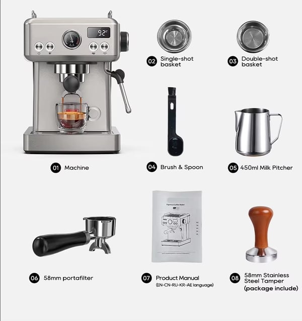 20 bar halvautomatisk espressomaskin med 1,8 L vattentank, varm/kall kaffebryggare med tillbehör, justerbar temperatur
