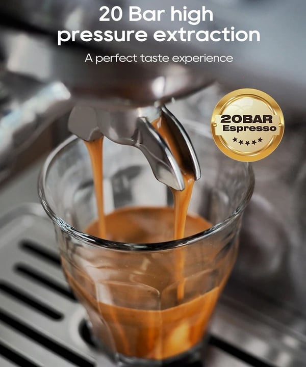 20 bar halvautomatisk espressomaskin med 1,8 L vattentank, varm/kall kaffebryggare med tillbehör, justerbar temperatur