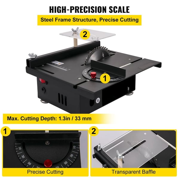 96W 10000RPM bärbar multifunktionell minibordssåg med högprecisionsskala och säkerhetsbaffel, 7-växlad justerbar motor, 0-90° justerbar skärvinkel