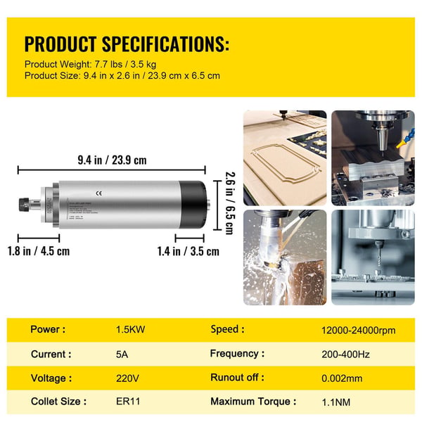 1,5KW 12000-24000rpm luftkyld spindelmotor + 1,5KW VFD-växelriktare, ER11 standardhylsa, dynamisk balansdesign, lågt brus, bred applikation