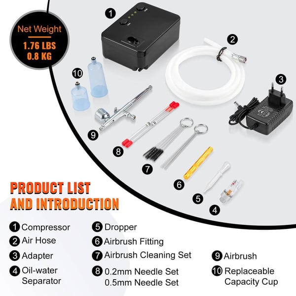 Bärbar multifunktionell dubbelverkande Airbrush kit, 3 justerbara tryck, automatisk start/stopp, med olje- och vattenfilter
