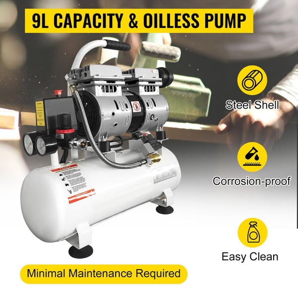 9L tank 0,75HP/550W 8 bar 110 L/min tyst luftkompressor med oljefri pump, högeffektiv ren kopparmotor, bred applikation