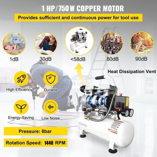 30L tank 1HP/750W 8 bar 165 L/min tyst luftkompressor med oljefri pump, högeffektiv ren kopparmotor, bred applikation