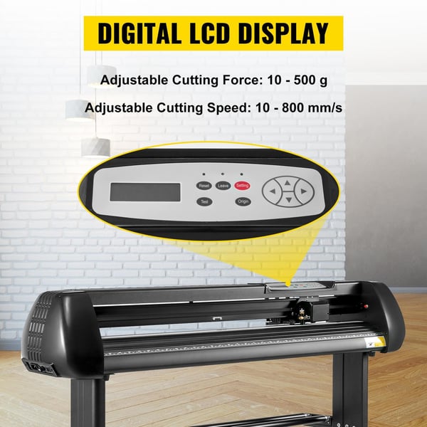 28 tum vinyl skärplotter, digital LCD-display, USB och COM-gränssnitt, högprecisionsdrift, stor skärbredd, justerbar hastighet/styrka