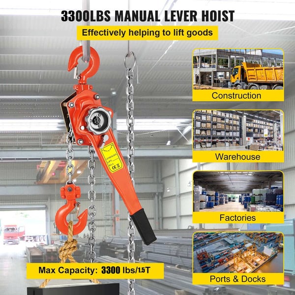 1.5 ton manuellt kedjeblock med spärrspak, 3M kedja, kompakt struktur, 2 vridbara krokar, ergonomiskt handtag, pålitligt bromssystem
