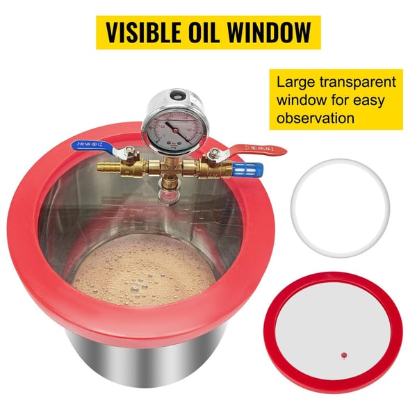 3 gallon vakuumkammare i rostfritt stål med synligt oljefönster, noggrann vakuummätare och 2 ljuddämpare, genomtänkta detaljer
