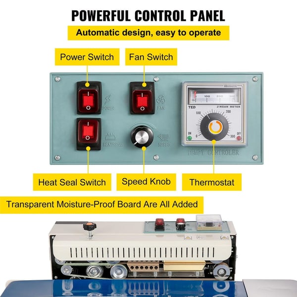 750W 6-15mm tätningsbredd 0-24 m/min horisontell kontinuerlig bandtätningsmaskin med utskriftsfunktion, kraftfull kontrollpanel, bred tillämpning