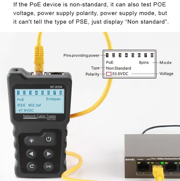 multifunktionell kabeltestare, PoE-delare, STP, UTP-kabeltestare, nätverkskabellängdtestare