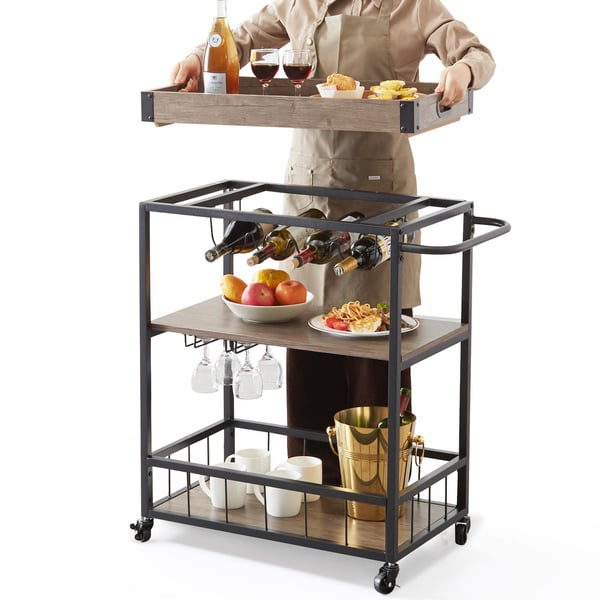 50 kg kapacitet 79,5x40x90cm 3-lagers barvagn med vinställ och hängande glasställ, retrostil, problemfri montering