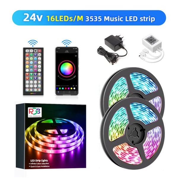 5m 16LEDs/m 24V RGB musik LED-remsa med fjärrkontroll, 16 miljoner färger, justerbar ljusstyrka, appkontroll, lätt att klippa/installera