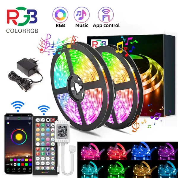 5m 16LEDs/m 24V RGB musik LED-remsa med fjärrkontroll, 16 miljoner färger, justerbar ljusstyrka, appkontroll, lätt att klippa/installera