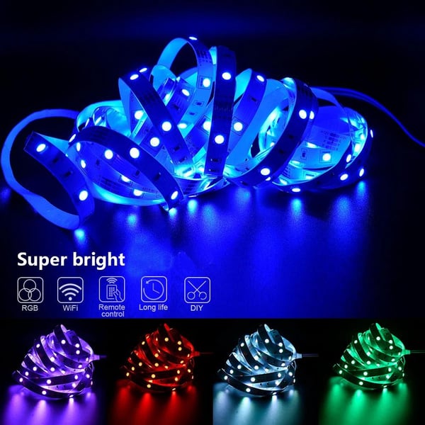 5m 18LEDs/m 12V RGB musik LED-remsa med fjärrkontroll, 16 miljoner färger, justerbar ljusstyrka, appkontroll, lätt att klippa/installera