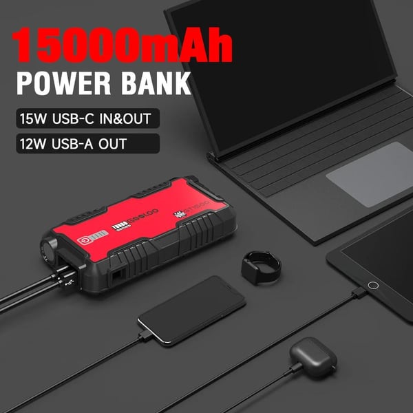 15000mAh 1500A 12V bilnödströmförsörjning, fordon hoppstartare, stöder 12V/8.0L bensinfordon/6.0L dieselfordon, snabbstart vid -20°C
