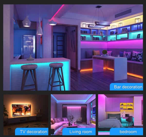 15mX10mm 12V 18LEDs/m dimbar RGB musik LED-remsa med fjärrkontroll, synkronisering av ljus/musik, APP-kontroll, timingfunktion