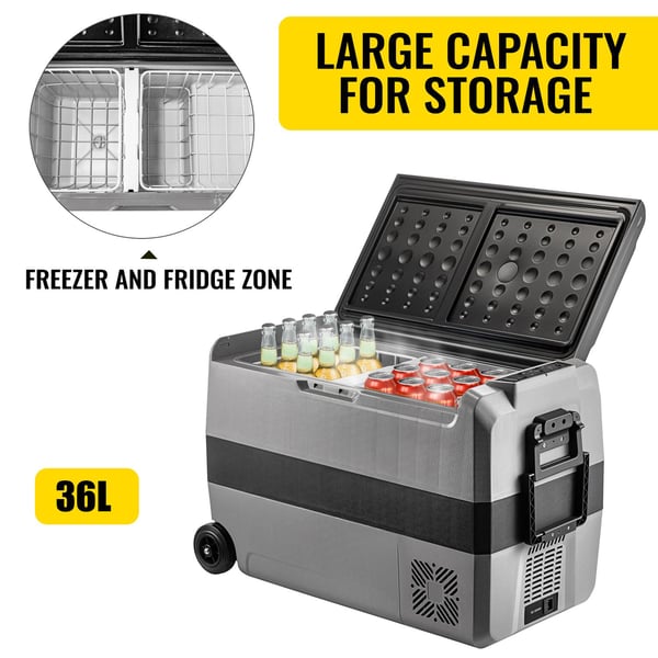 36L 45W 12/24V DC 100-240V AC bärbart bil- och hemkylskåp med kompressor, dubbelzon, APP-kontroll, med bilbatteriskydd