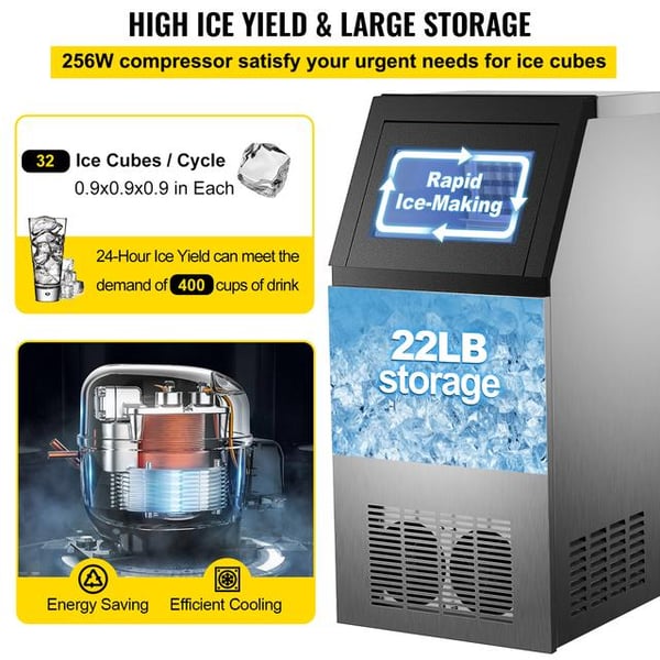 50kg/dygn 256W multifunktionell kommersiell ismaskin med digital LCD-panel, hög isproduktion och lagringskapacitet