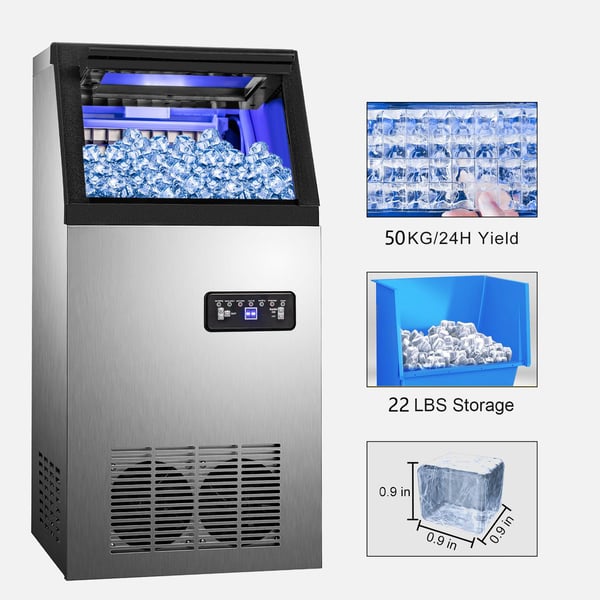 50kg/dygn 256W multifunktionell kommersiell ismaskin med digital LCD-panel, hög isproduktion och lagringskapacitet