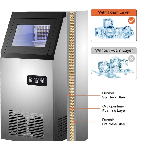 50kg/dygn 256W multifunktionell kommersiell ismaskin med digital LCD-panel, hög isproduktion och lagringskapacitet