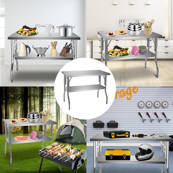 48x24 tum fällbart bord i rostfritt stål med dubbla hyllor och 4 justerbara fötter, stort utrymme, genomtänkta detaljer, bred applikation