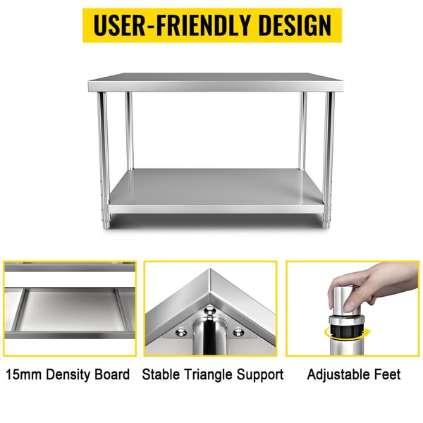 122x46x86cm 250kg bärande arbetsförberedande bord i rostfritt stål med justerbar underhylla, humaniserad design, lätt att montera