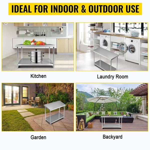122x46x86cm 250kg bärande arbetsförberedande bord i rostfritt stål med justerbar underhylla, humaniserad design, lätt att montera