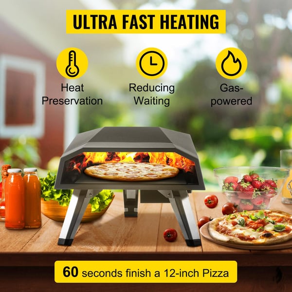 bärbar gaspizzaugn med 12" pizzasten och kompletta tillbehör, snabb och jämn uppvärmning, välisolerad, lätt att använda och rengöra
