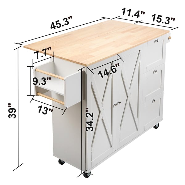 1430x680x990mm 136kg kapacitet 3-lagers multifunktionell mobil köksö med 2 dörrar och 3 lådor, stort utrymme, justerbara hyllor