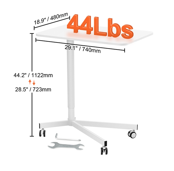20kg lastkapacitet bärbart sitt-stå skrivbord med 4st 360° svängbara hjul, 723-1122 mm justerbar höjd, 740 x 480 mm rymlig bordsskiva