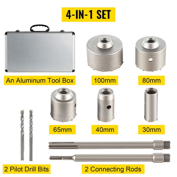 4-i-1 30mm till 100mm murad hålsåg kit med verktygslåda för de flesta borrhammare, högkvalitativt material, bred applikation