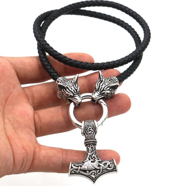 Varghuvud Thor hammare Mjolnir snigel Viking läderhalsband