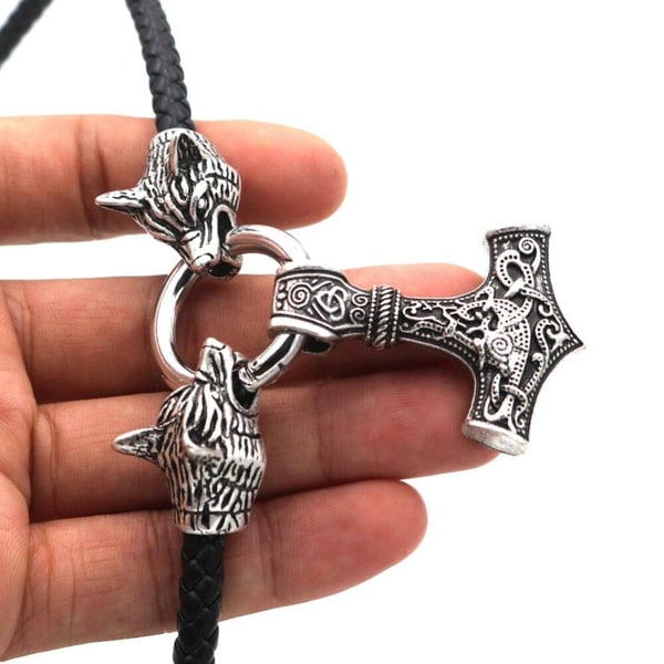 Varghuvud Thor hammare Mjolnir snigel Viking läderhalsband
