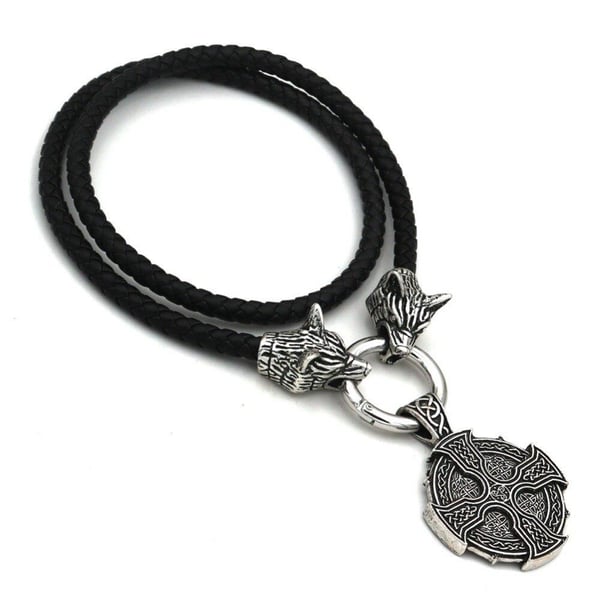 Irländska knutar varghuvud hänge läder kedja viking halsband