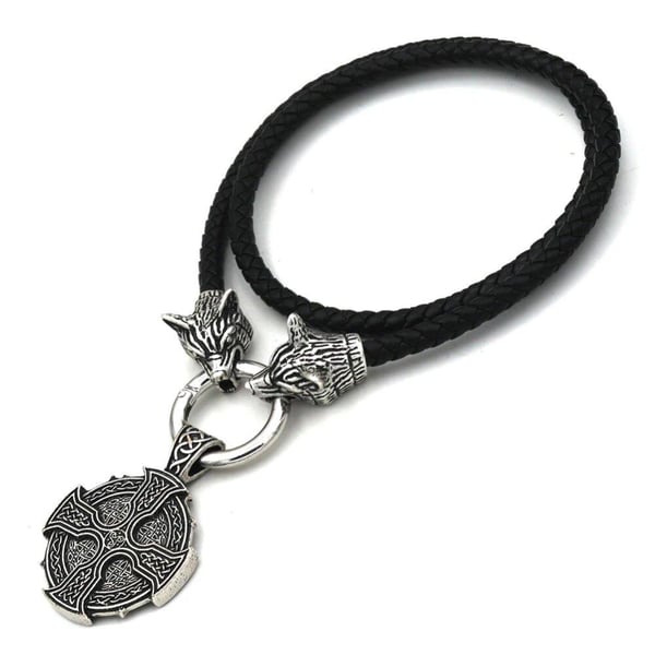 Irländska knutar varghuvud hänge läder kedja viking halsband