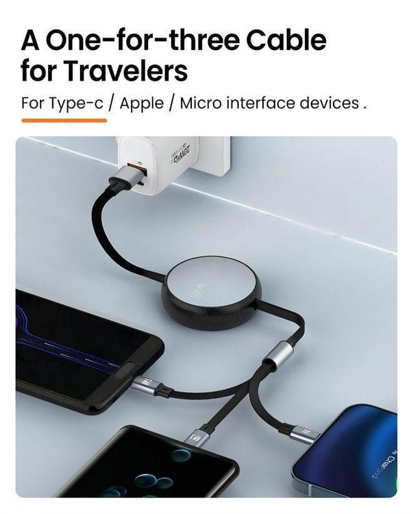 3-i-1 udtrækkeligt kabel - Lightning, USB-C, Micro USB