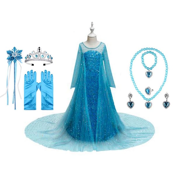 Elsa Frozen kjole pige kostume til børn + 7 ekstra tilbehør