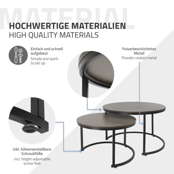Sofabord sæt med 2 runde mørk eg/sort lavet af MDF og metal ML-design