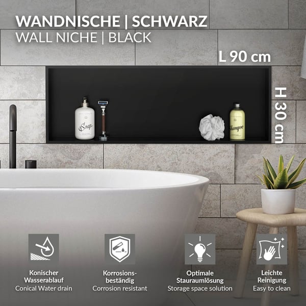 Brusebad 90x30 cm sort rustfrit stål vægniche Brusebad LuxeBath