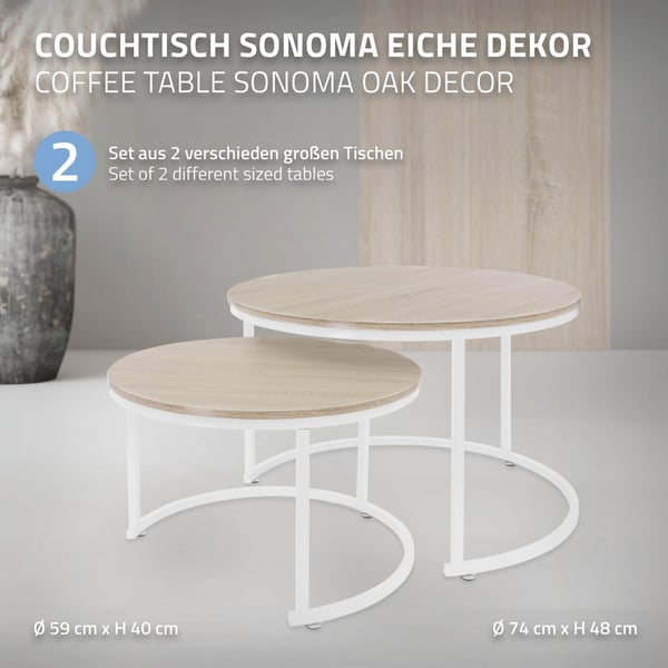 Sofabordssæt med 2 runde Sonoma eg/hvid lavet af MDF og metal ML-design