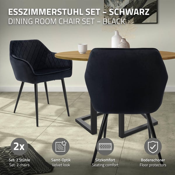 Matstol uppsättning av 2 svart sammet klädsel med metallben inkl. montering material ML-Design