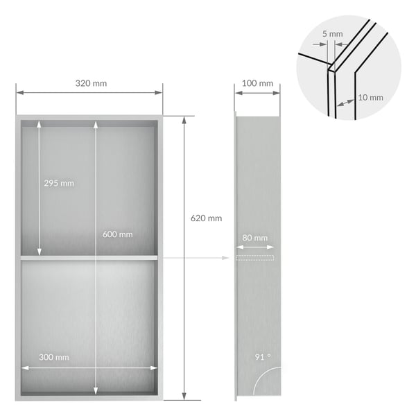 Brusekar 2 niveauer 60x30 cm sølv rustfrit stål vægniche Brusekar LuxeBath