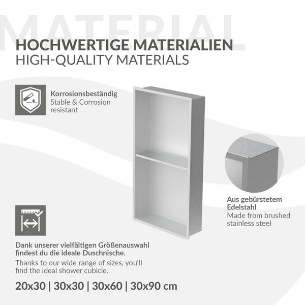 Brusekar 2 niveauer 60x30 cm sølv rustfrit stål vægniche Brusekar LuxeBath
