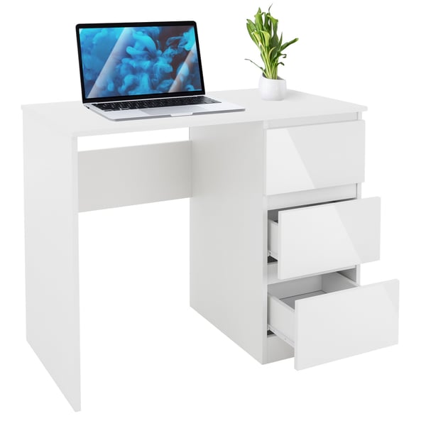 Työpöytä kolmella laatikolla 90x76x50 cm valkoinen pressulevystä ML-muotoilu