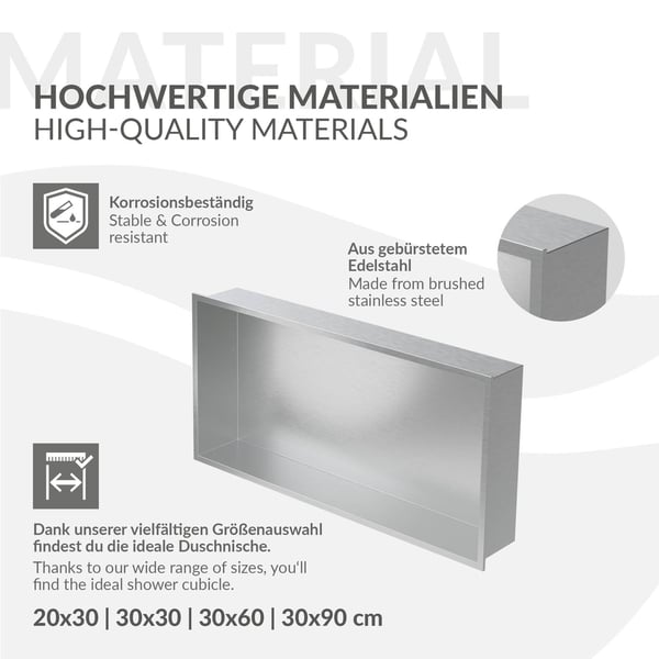 Brusebad 60x30 cm sølv rustfrit stål væg niche Brusebad LuxeBath