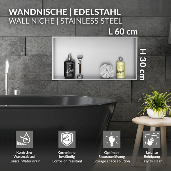 Brusebad 60x30 cm sølv rustfrit stål væg niche Brusebad LuxeBath