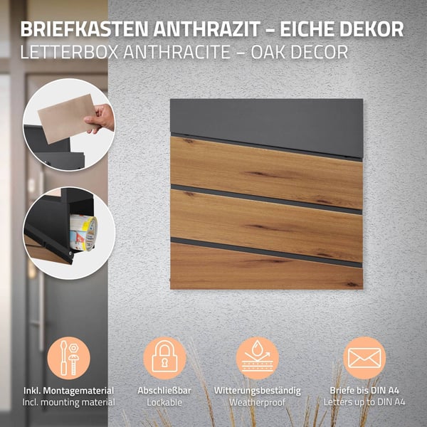 Sokkelbrevkasse med avisrum 37x36,5x11 cm antracit/træ-effekt stål ML design